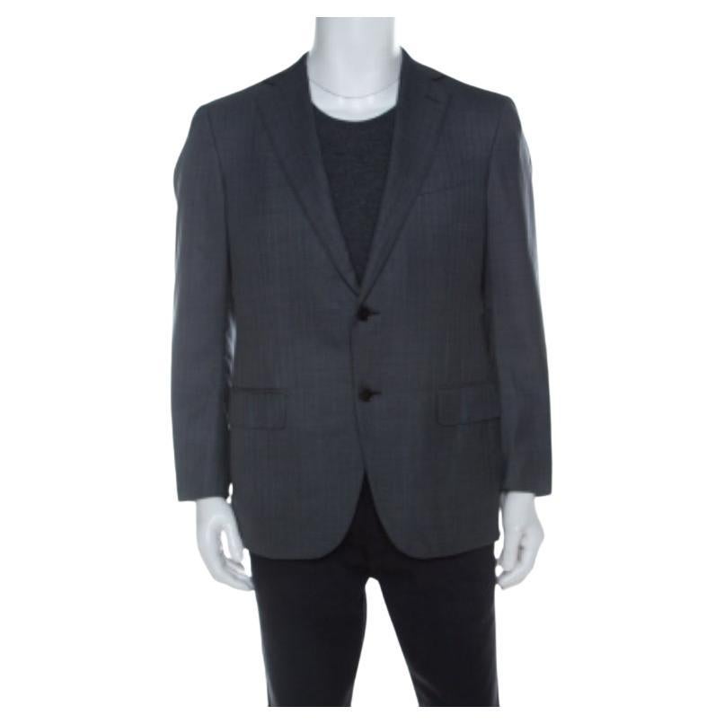 Ermenegildo Zegna Grey and Blue Pinstripe Wool Blazer L en vente