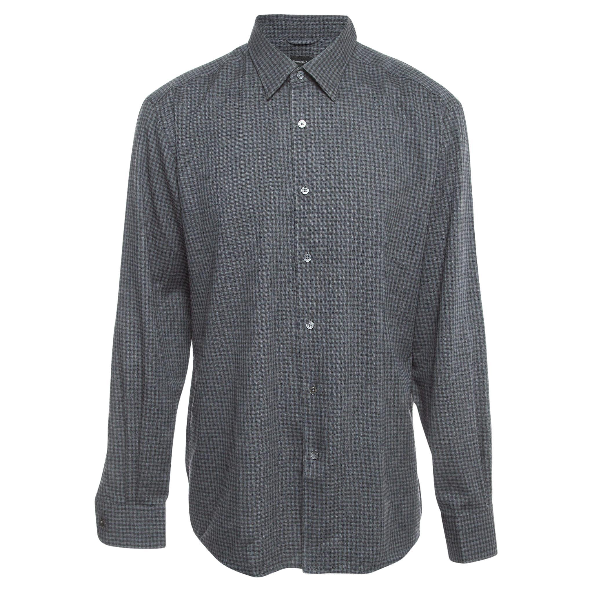 Ermenegildo Zegna Grey Checked Cotton Blend Button Front Shirt XXL For Sale