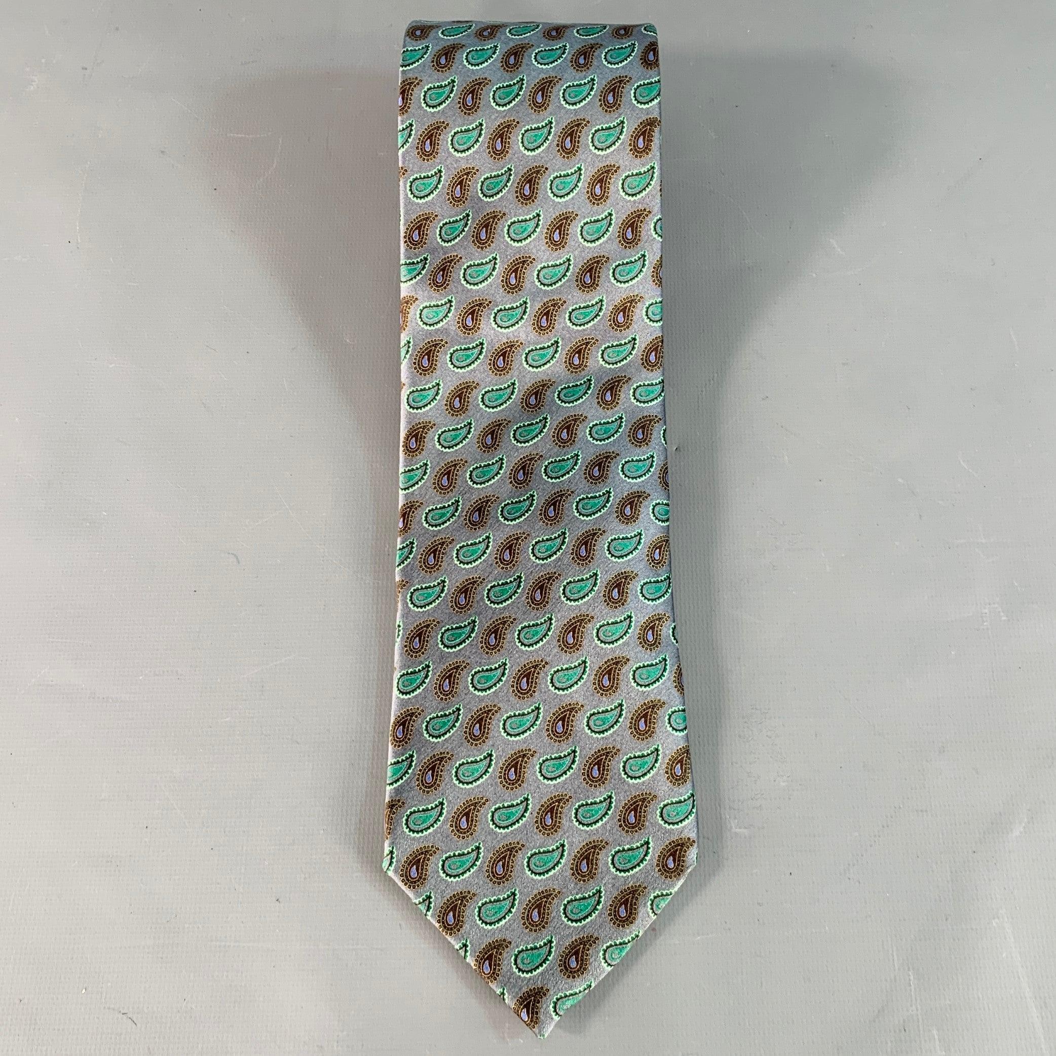 Gris Cravate en soie Greenegildo Zegna Grey Green Paisley en vente