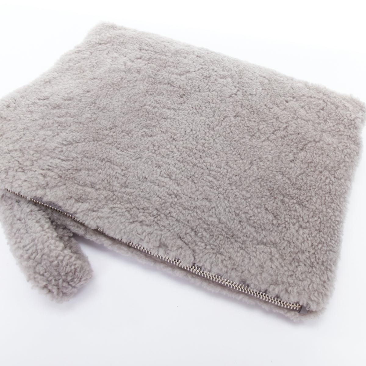 ERMENEGILDO ZEGNA grey lambskin shearling wrist strap zip clutch bag For Sale 2