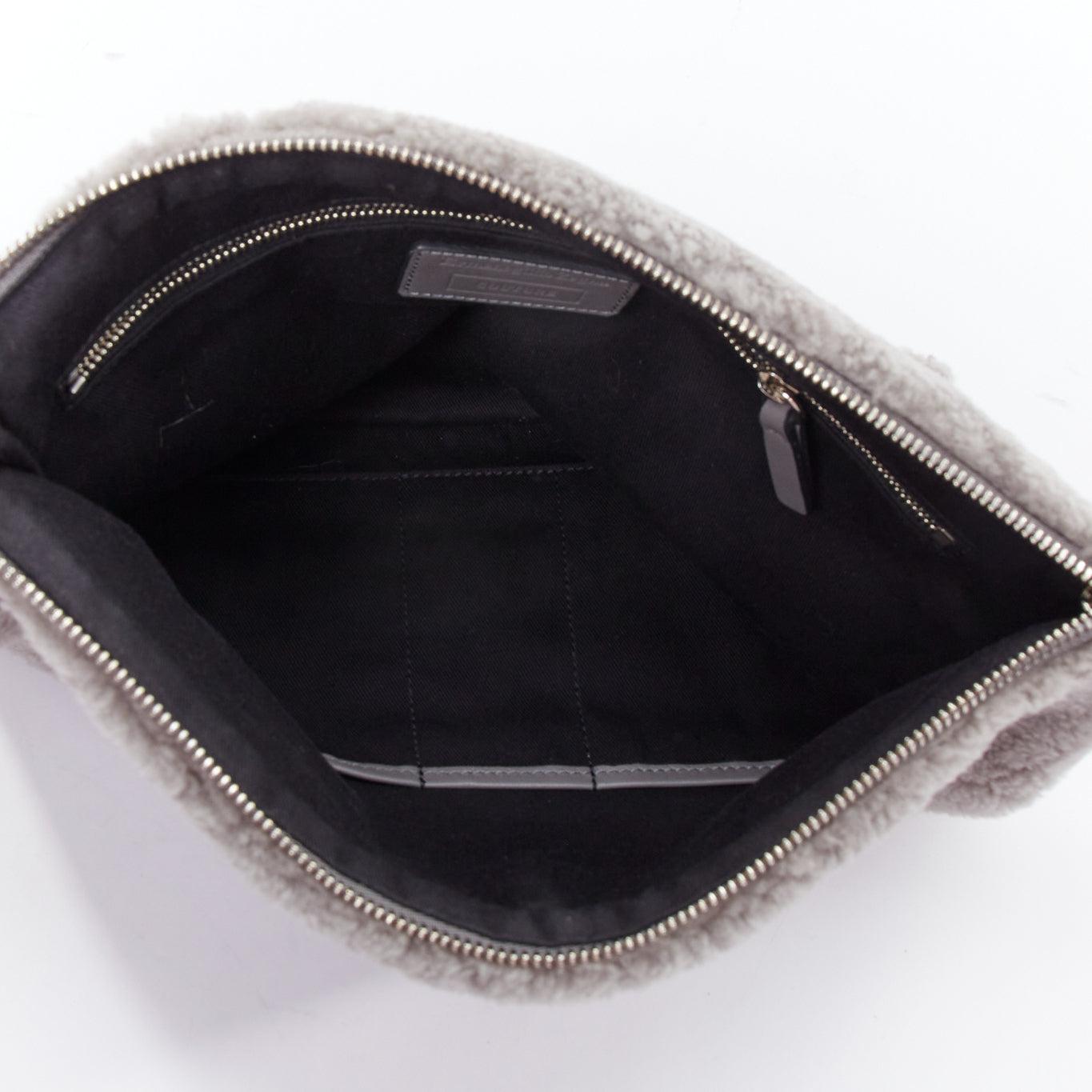 ERMENEGILDO ZEGNA grey lambskin shearling wrist strap zip clutch bag For Sale 3