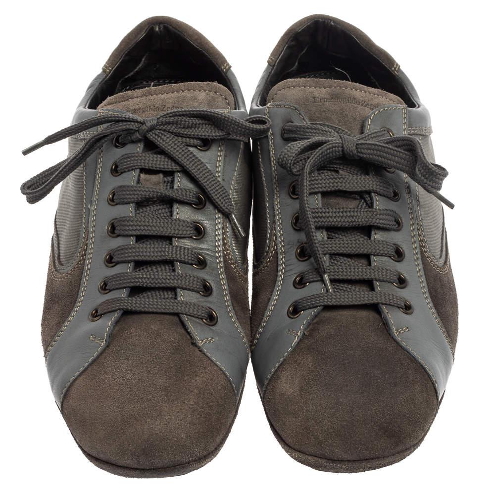 Black Ermenegildo Zegna Grey Leather And Suede Low Top Sneakers Size 44