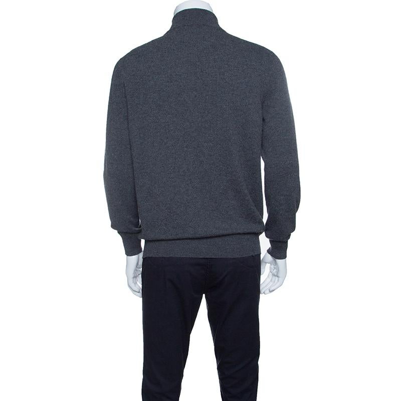 Well-structured and comfortable, this grey sweater from Ermenegildo Zegna will undoubtedly lift your winter style. Offering a fine fit, it is crafted with premium cashmere featuring long sleeves and zip detail to the front. Balance this muted