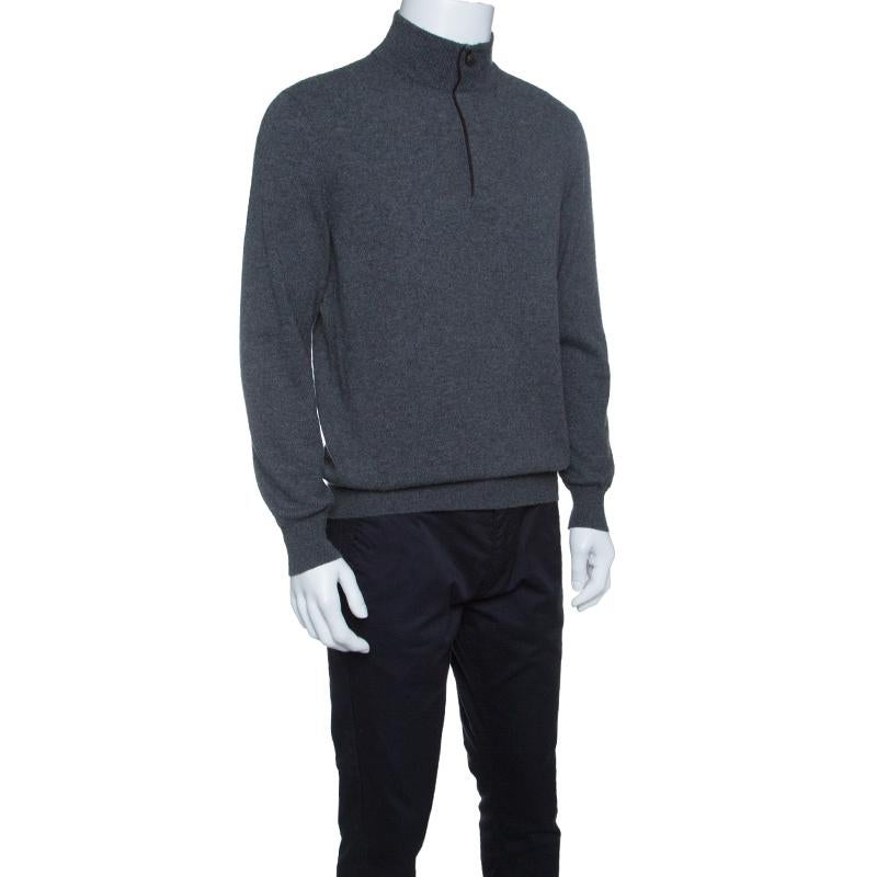 Black Ermenegildo Zegna Grey Premium Cashmere Zip Detail Ribbed Trim Sweater M