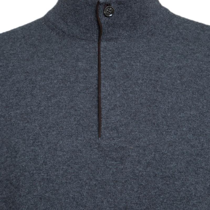 Ermenegildo Zegna Grey Premium Cashmere Zip Detail Ribbed Trim Sweater M 1