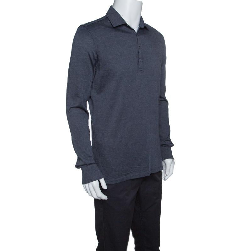 Black Ermenegildo Zegna Grey Wool and Silk Knit Long Sleeve Polo T-Shirt M