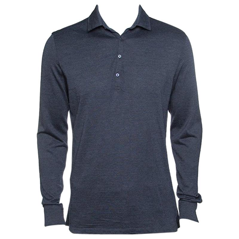 Ermenegildo Zegna Grey Wool and Silk Knit Long Sleeve Polo T-Shirt M