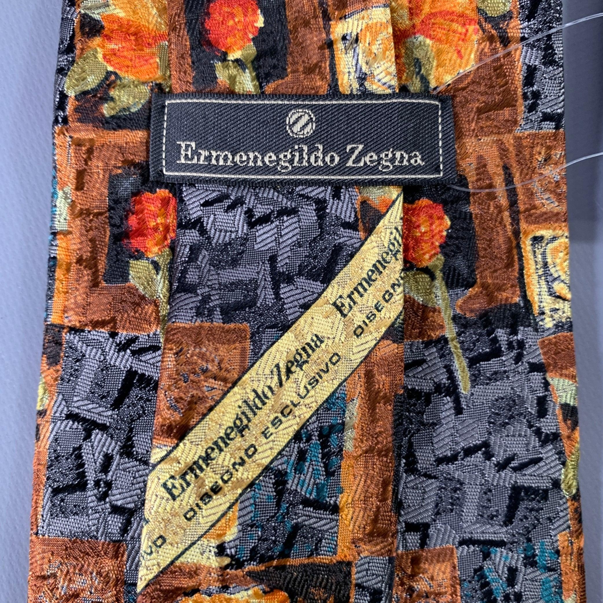 ERMENEGILDO ZEGNA Grau-Gelb Abstrakt Floral Seidenkrawatte im Zustand „Gut“ im Angebot in San Francisco, CA