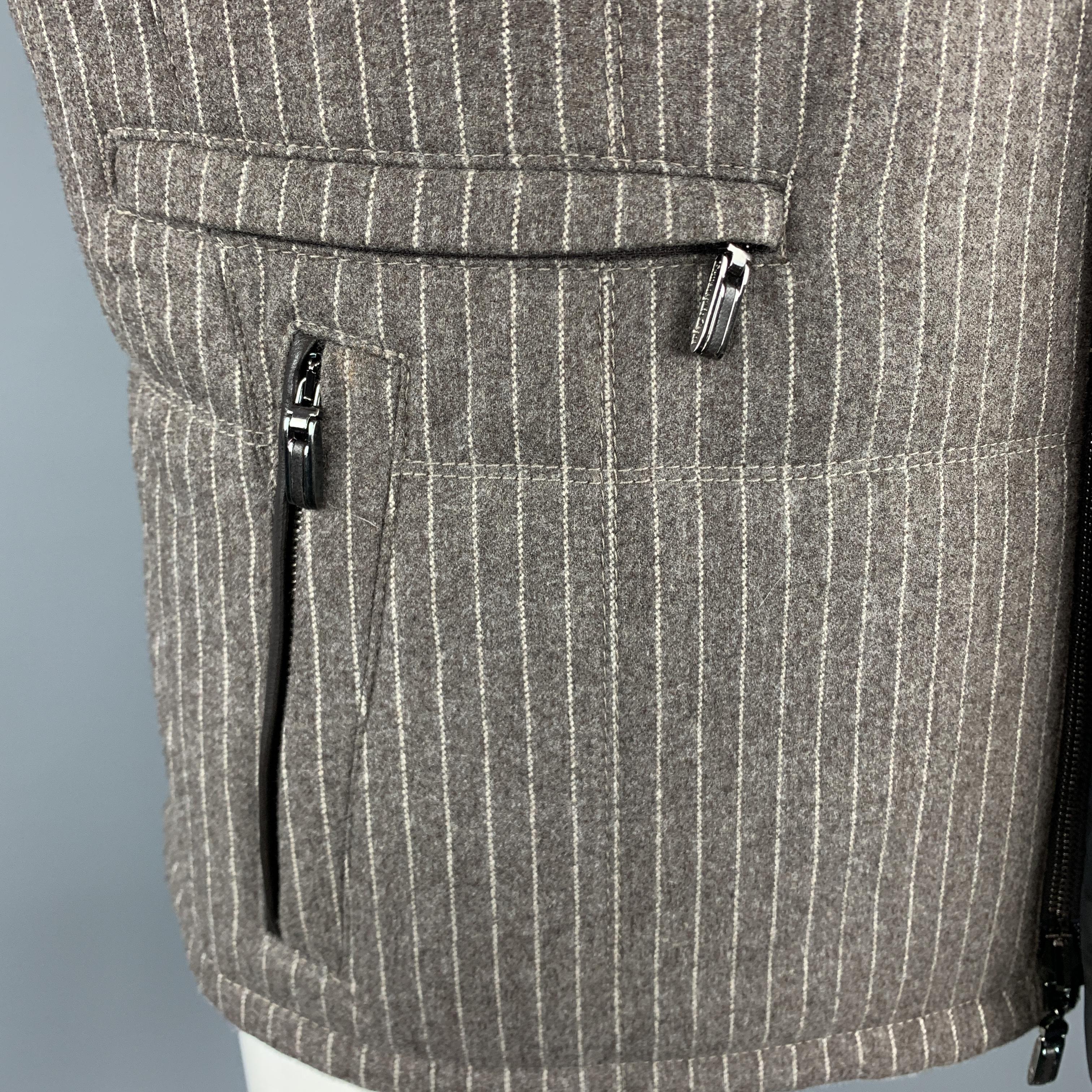 ERMENEGILDO ZEGNA L Taupe Pinstripe Leather Trimmed Reversible Vest In Excellent Condition In San Francisco, CA