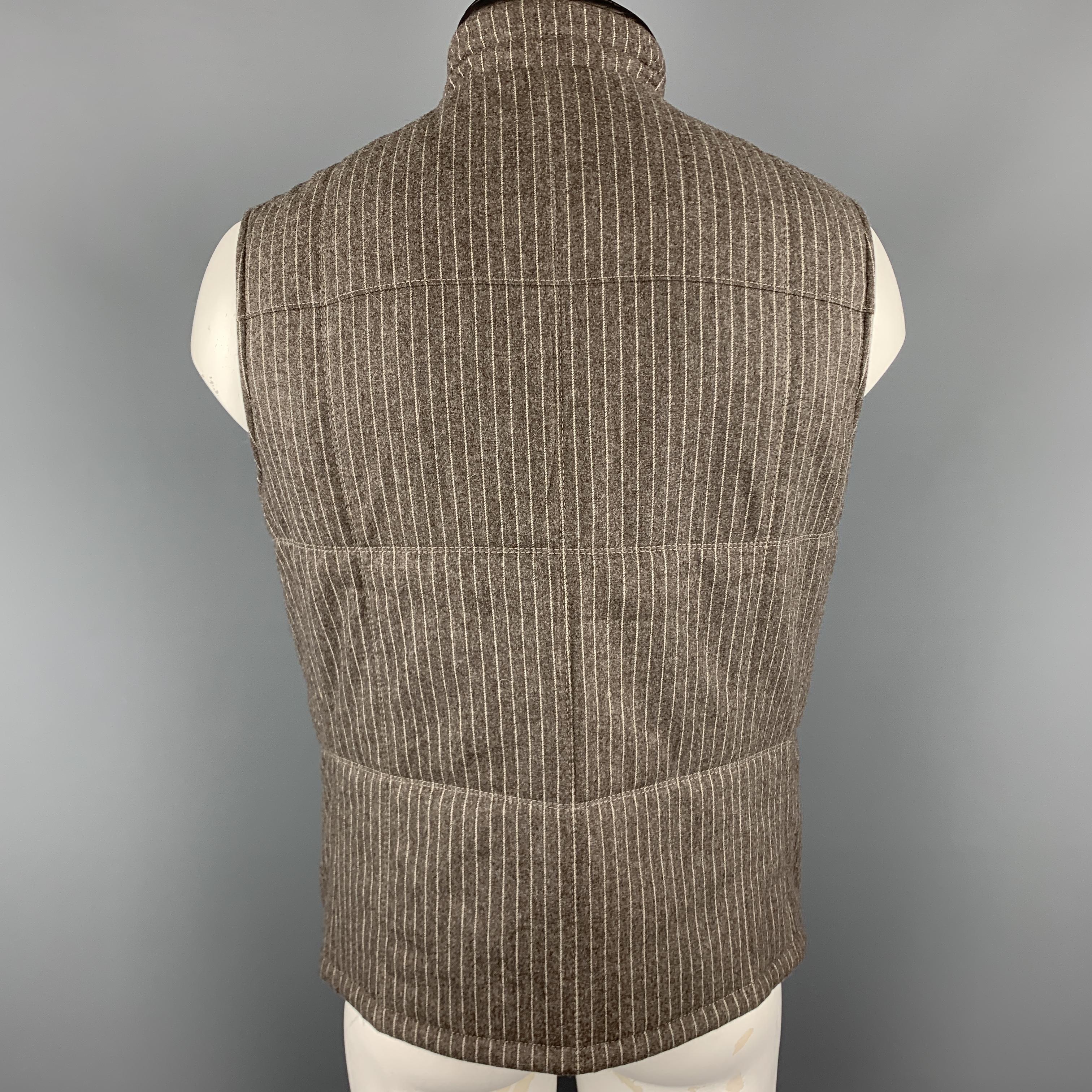 Men's ERMENEGILDO ZEGNA L Taupe Pinstripe Leather Trimmed Reversible Vest