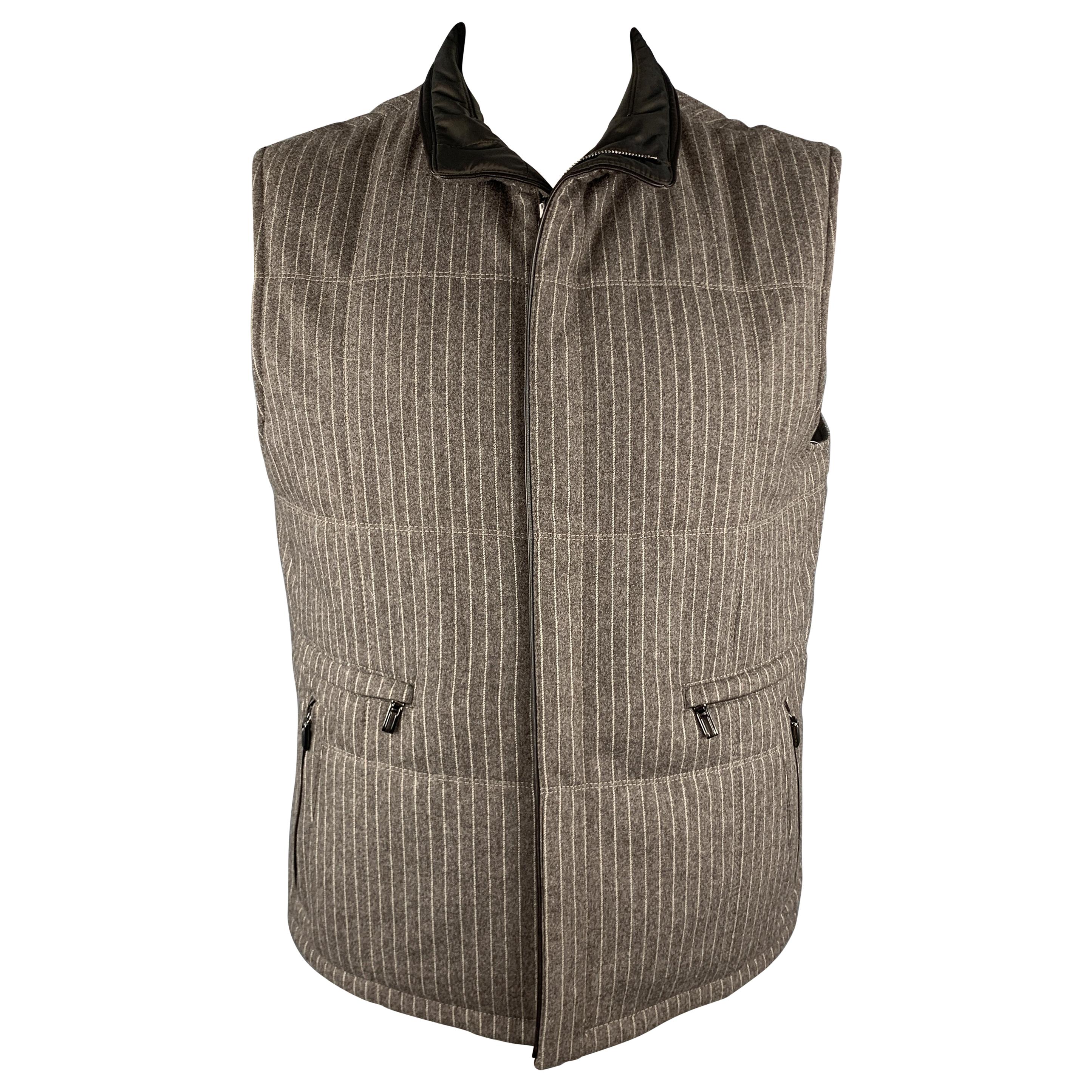 ERMENEGILDO ZEGNA L Taupe Pinstripe Leather Trimmed Reversible Vest