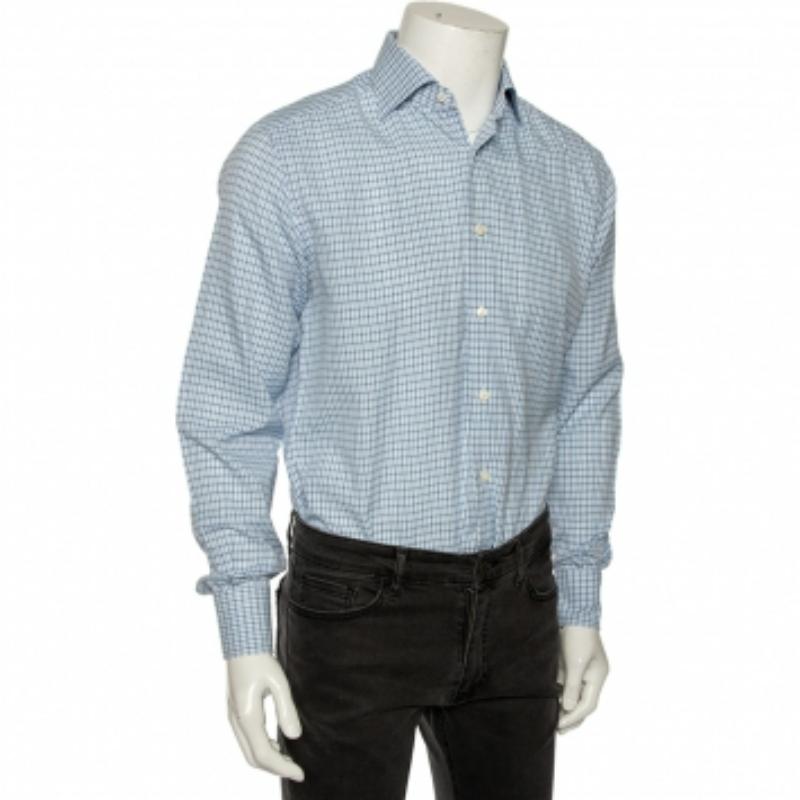 Ermenegildo Zegna Camisa Azul Claro A Cuadros De Algodón Con Botones Delantera Regular Fit M Gris