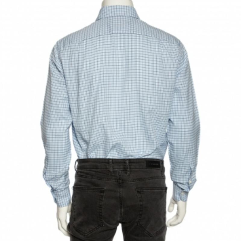 Ermenegildo Zegna Camisa Azul Claro A Cuadros De Algodón Con Botones Delantera Regular Fit M en Bueno Estado en Dubai, Al Qouz 2