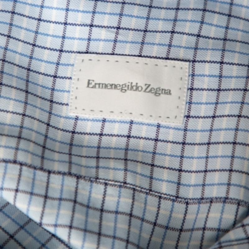 Ermenegildo Zegna Camisa Azul Claro A Cuadros De Algodón Con Botones Delantera Regular Fit M 2
