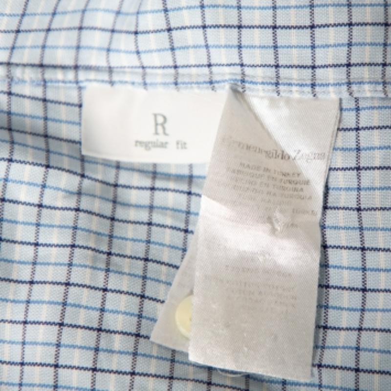 Ermenegildo Zegna Camisa Azul Claro A Cuadros De Algodón Con Botones Delantera Regular Fit M 4