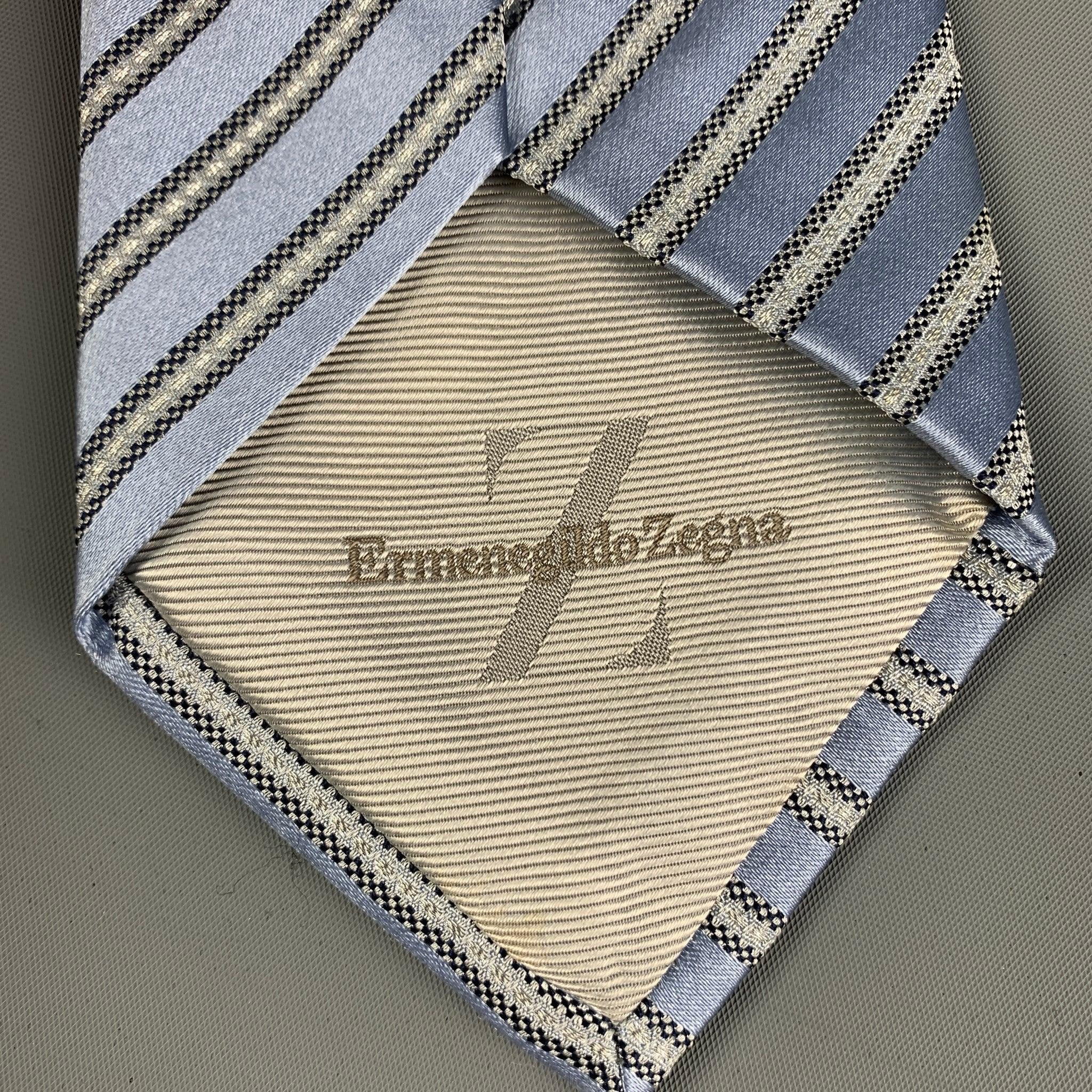 ERMENEGILDO ZEGNA Light Blue Silver Diagonal Stripe Silk Blend Tie In Good Condition In San Francisco, CA