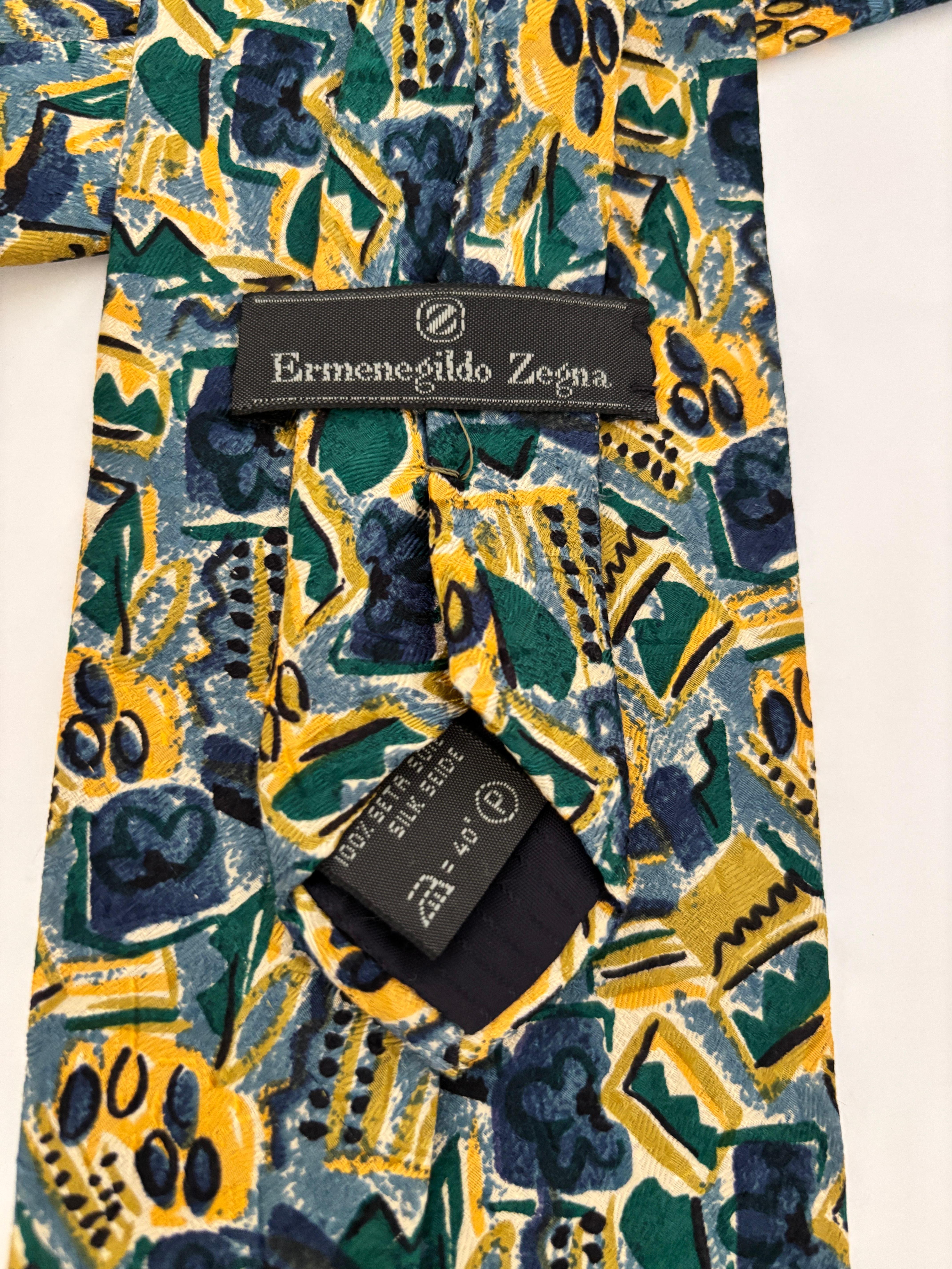 ERMENEGILDO ZEGNA Corbata de seda para hombre Italia Diseño abstracto en oro y azul en venta 1
