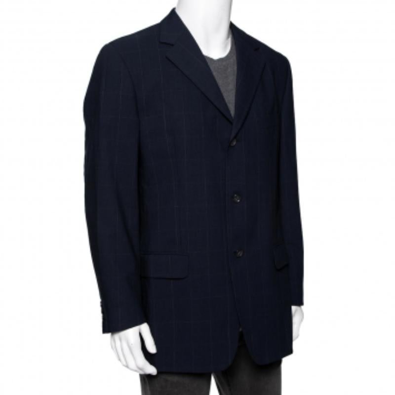 Ermenegildo Zegna Blazer de un solo pecho de lana a cuadros azul marino XL en venta 2