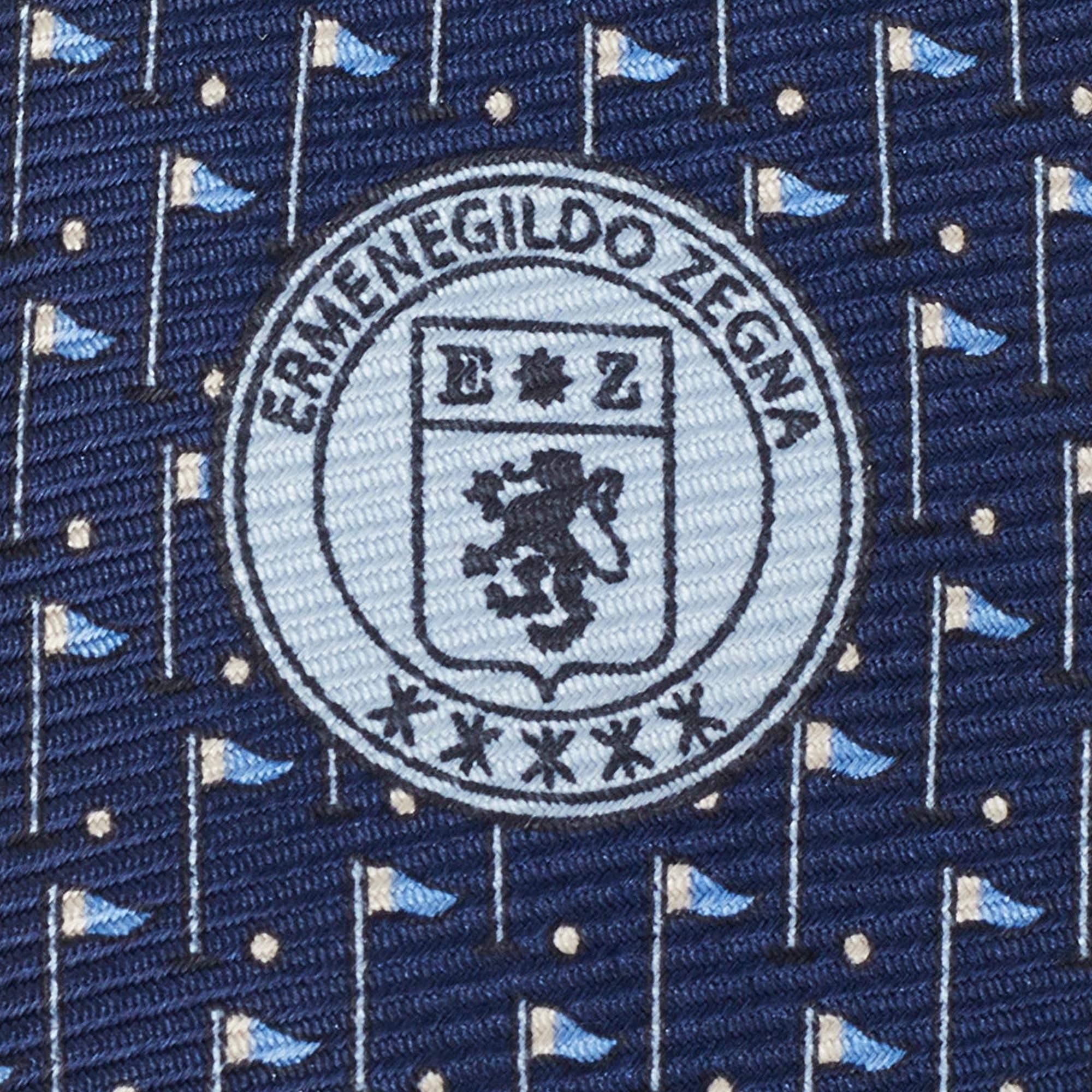 Ermenegildo Zegna Navy Blue Flag Print Silk Tie For Sale 2