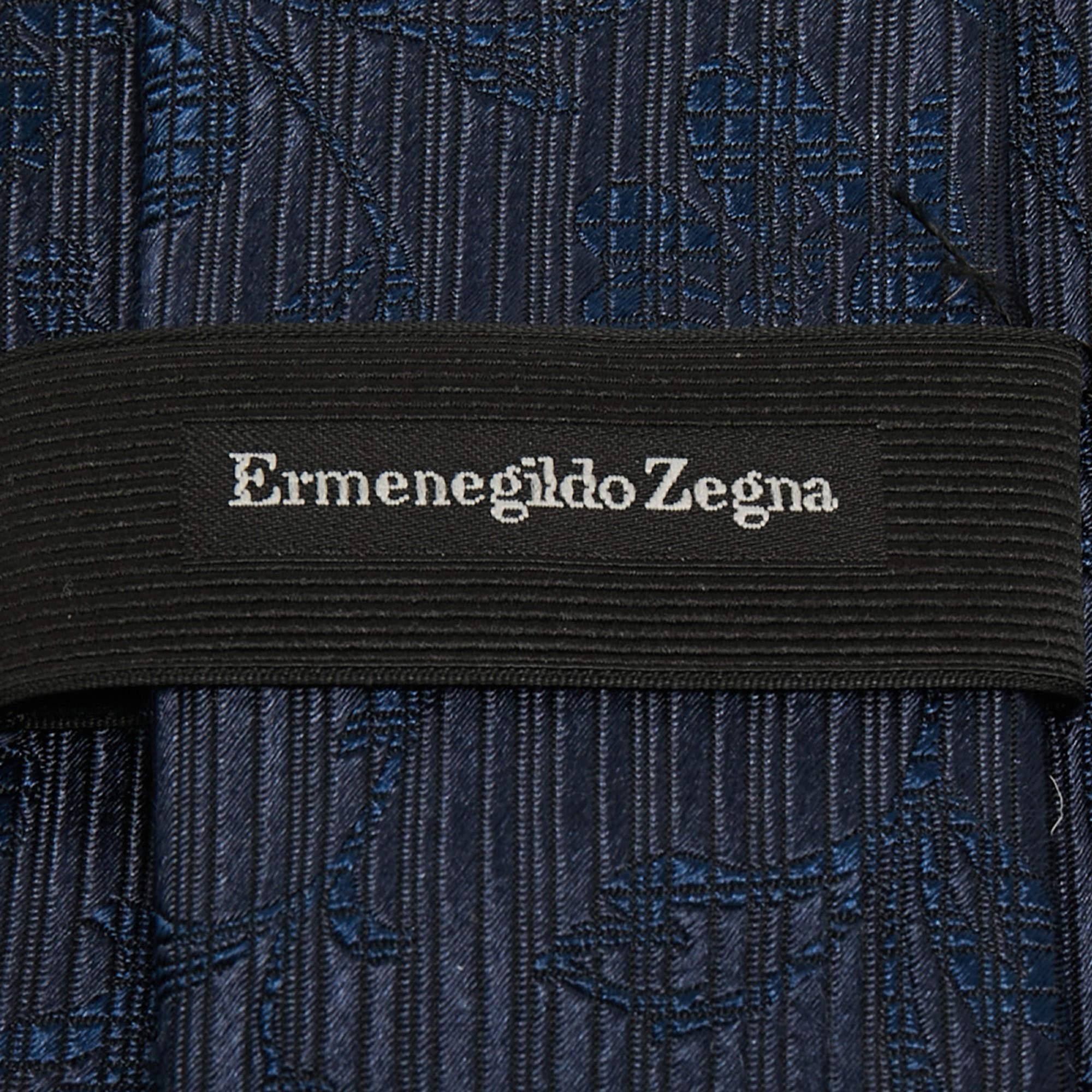 Black Ermenegildo Zegna Navy Blue Floral Patterned Silk Tie