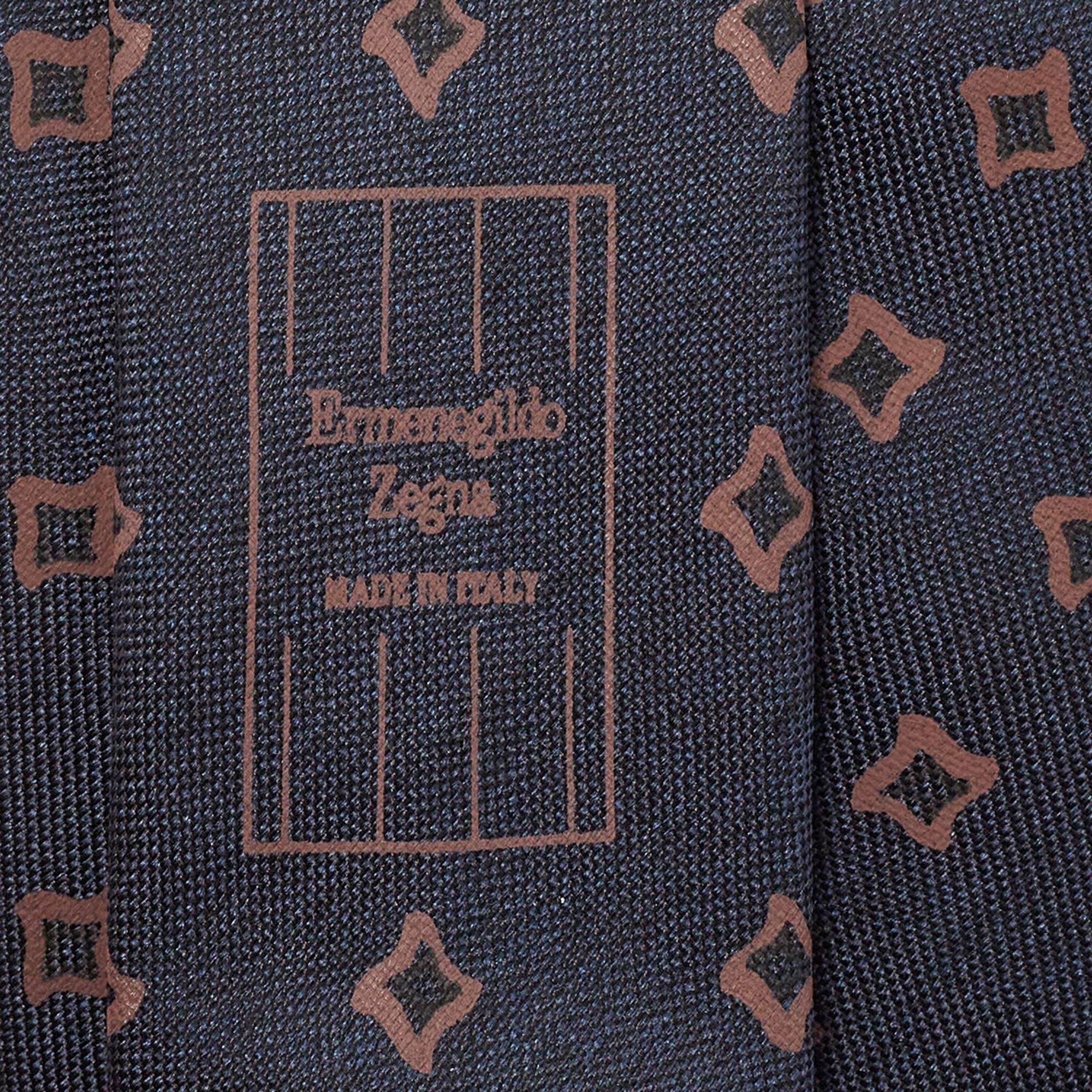 Black Ermenegildo Zegna Navy Blue Print Silk Tie
