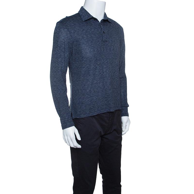 Black Ermenegildo Zegna Navy Blue Silk Knit Long Sleeve Polo T-Shirt S