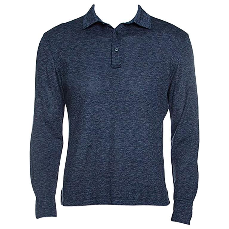Ermenegildo Zegna Navy Blue Silk Knit Long Sleeve Polo T-Shirt S