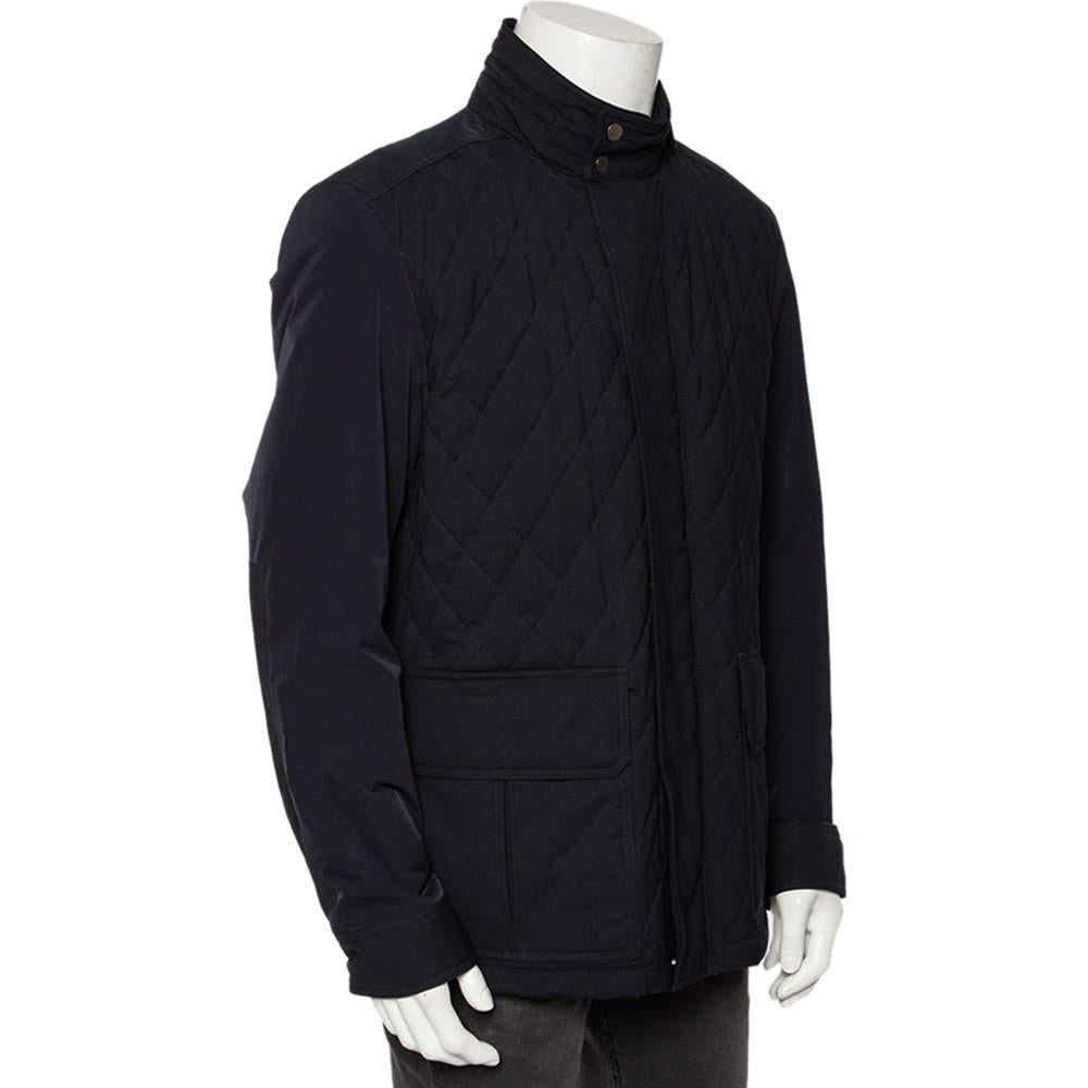 Black Ermenegildo Zegna Navy Blue Wool Quilted Concealed Hood Detail Jacket XXL For Sale