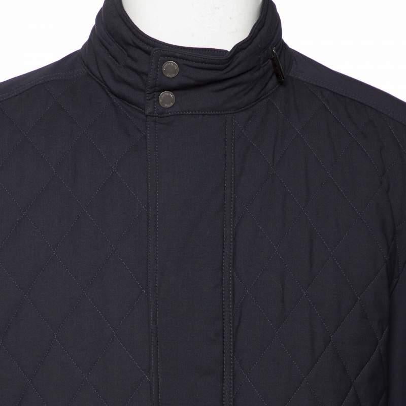 Ermenegildo Zegna Navy Blue Wool Quilted Concealed Hood Detail Jacket XXL In Excellent Condition For Sale In Dubai, Al Qouz 2