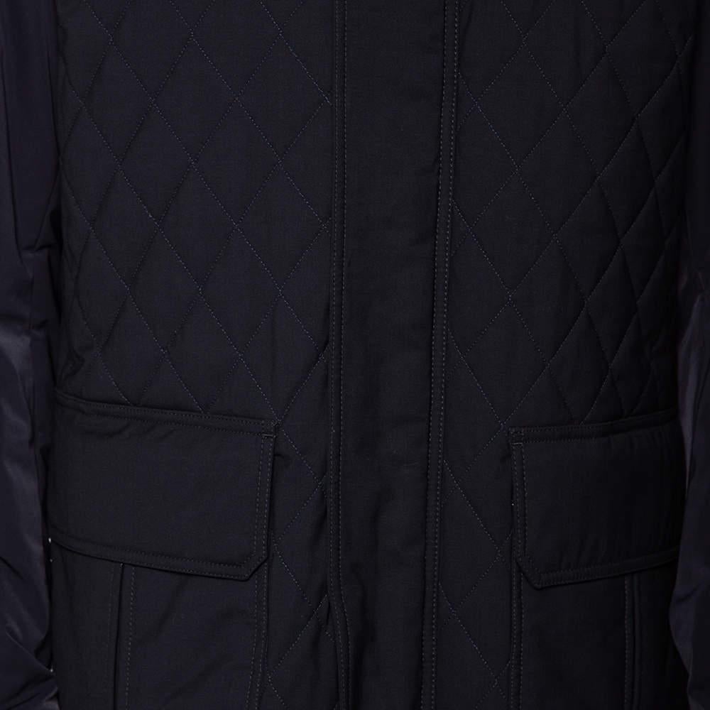 Ermenegildo Zegna Navy Blue Wool Quilted Concealed Hood Detail Jacket XXL For Sale 4