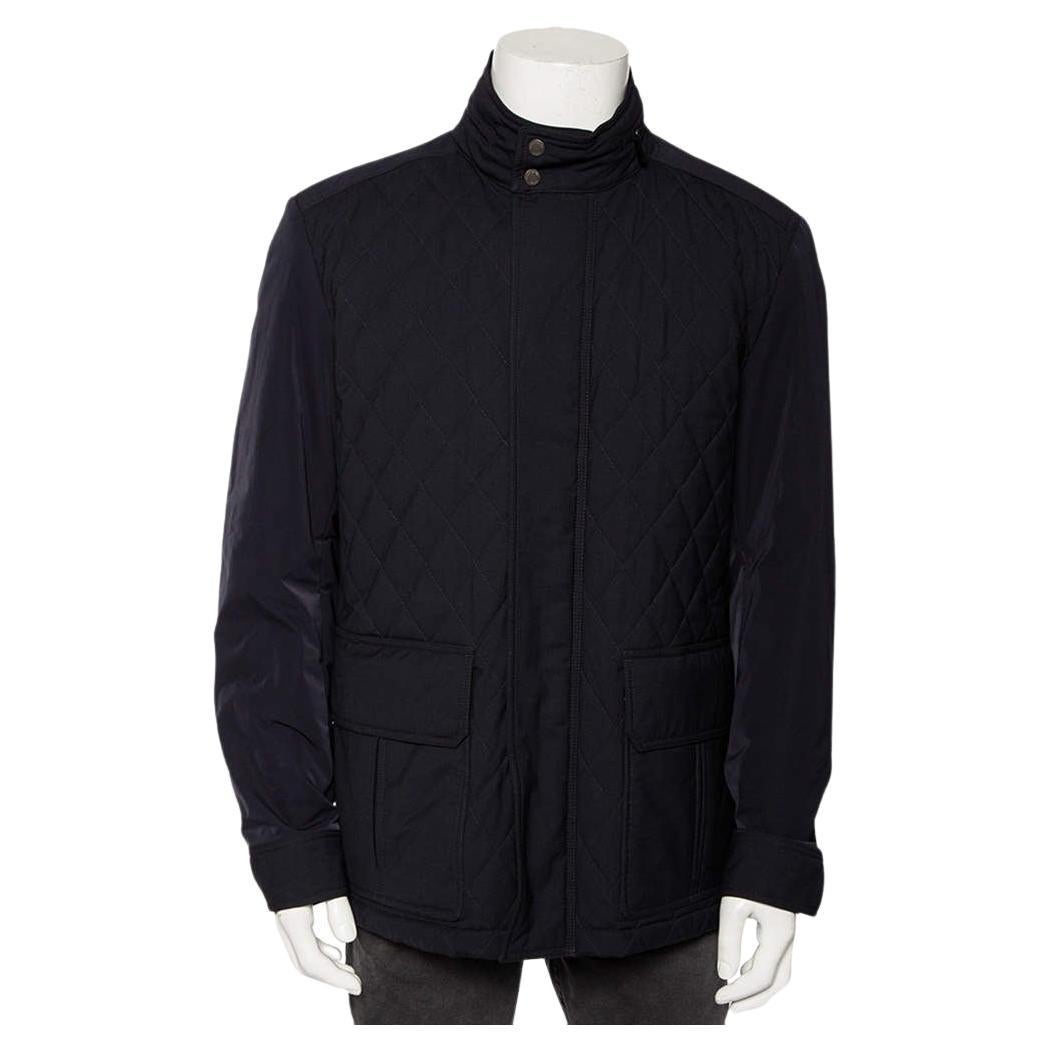 Ermenegildo Zegna Navy Blue Wool Quilted Concealed Hood Detail Jacket XXL For Sale