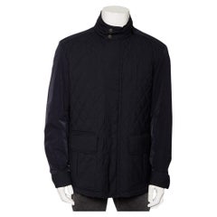 Used Ermenegildo Zegna Navy Blue Wool Quilted Concealed Hood Detail Jacket XXL