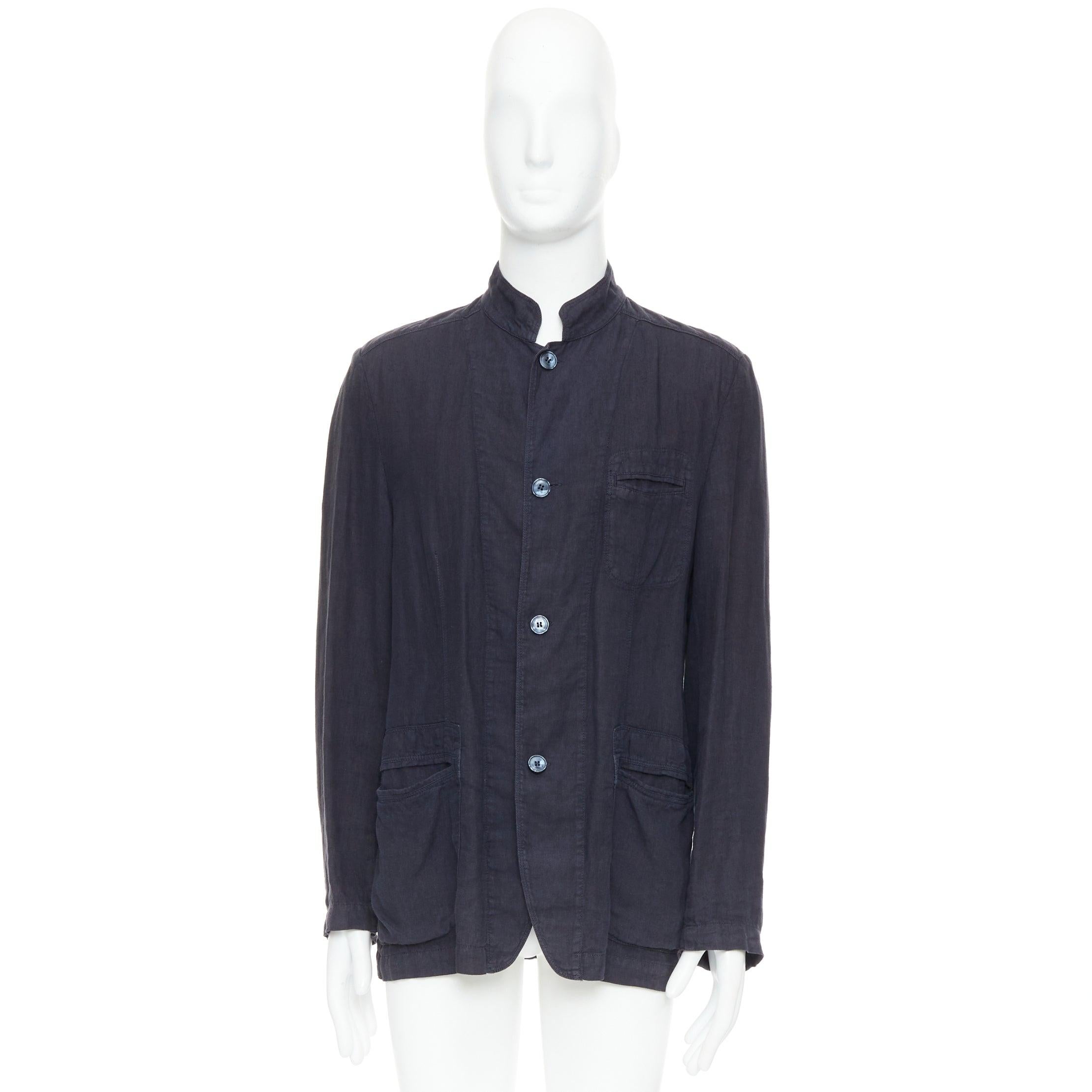 ERMENEGILDO ZEGNA navy linen 3 pockets stand collar light blazer IT48 M For Sale 5