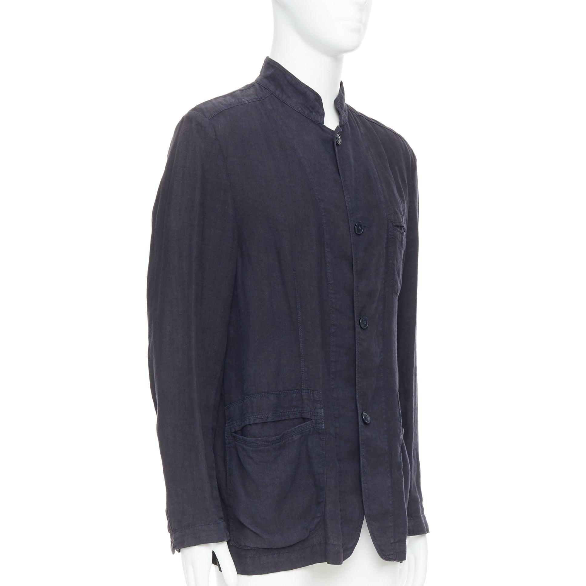 ERMENEGILDO ZEGNA navy linen 3 pockets stand collar light blazer IT48 M In Excellent Condition For Sale In Hong Kong, NT