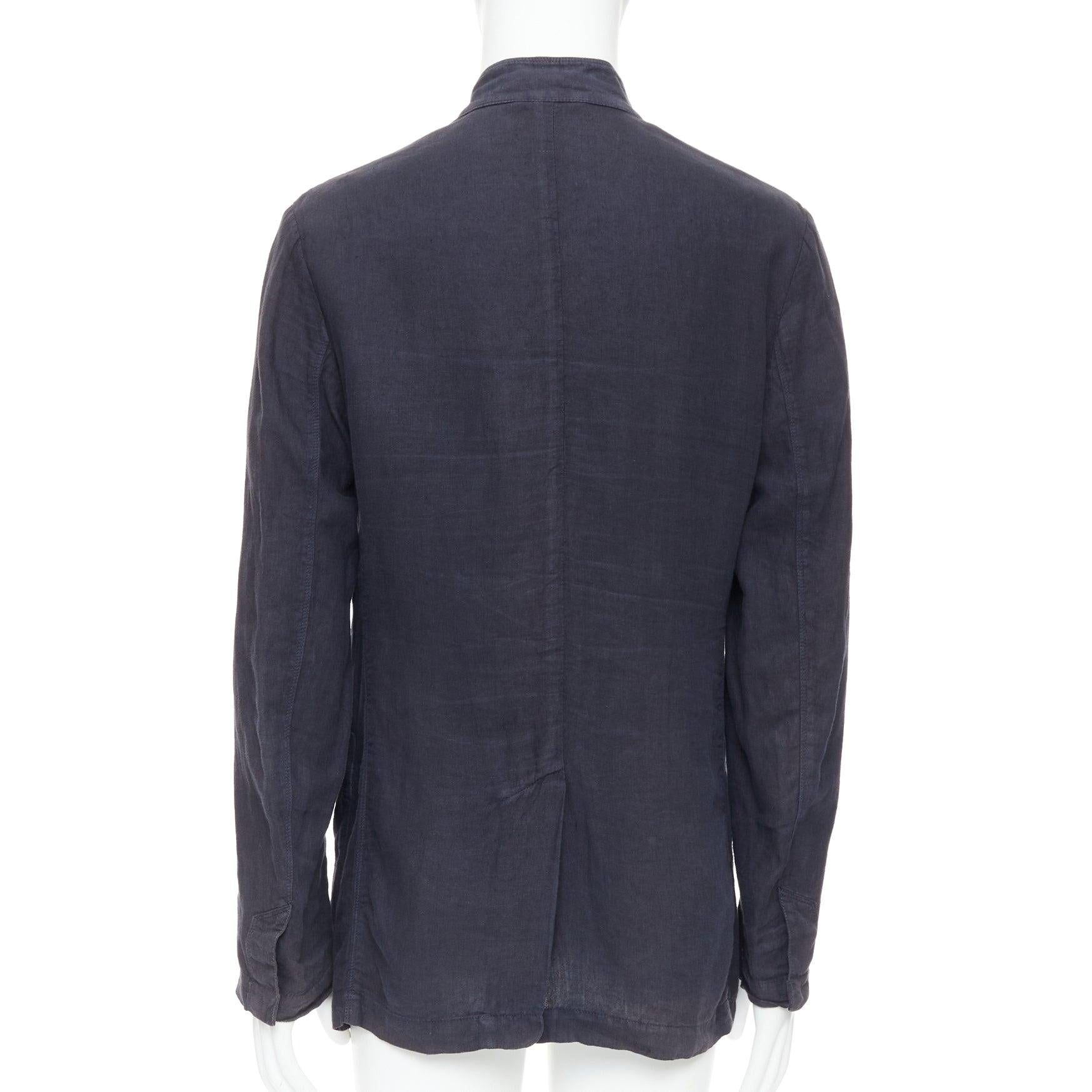 ERMENEGILDO ZEGNA navy linen 3 pockets stand collar light blazer IT48 M For Sale 1