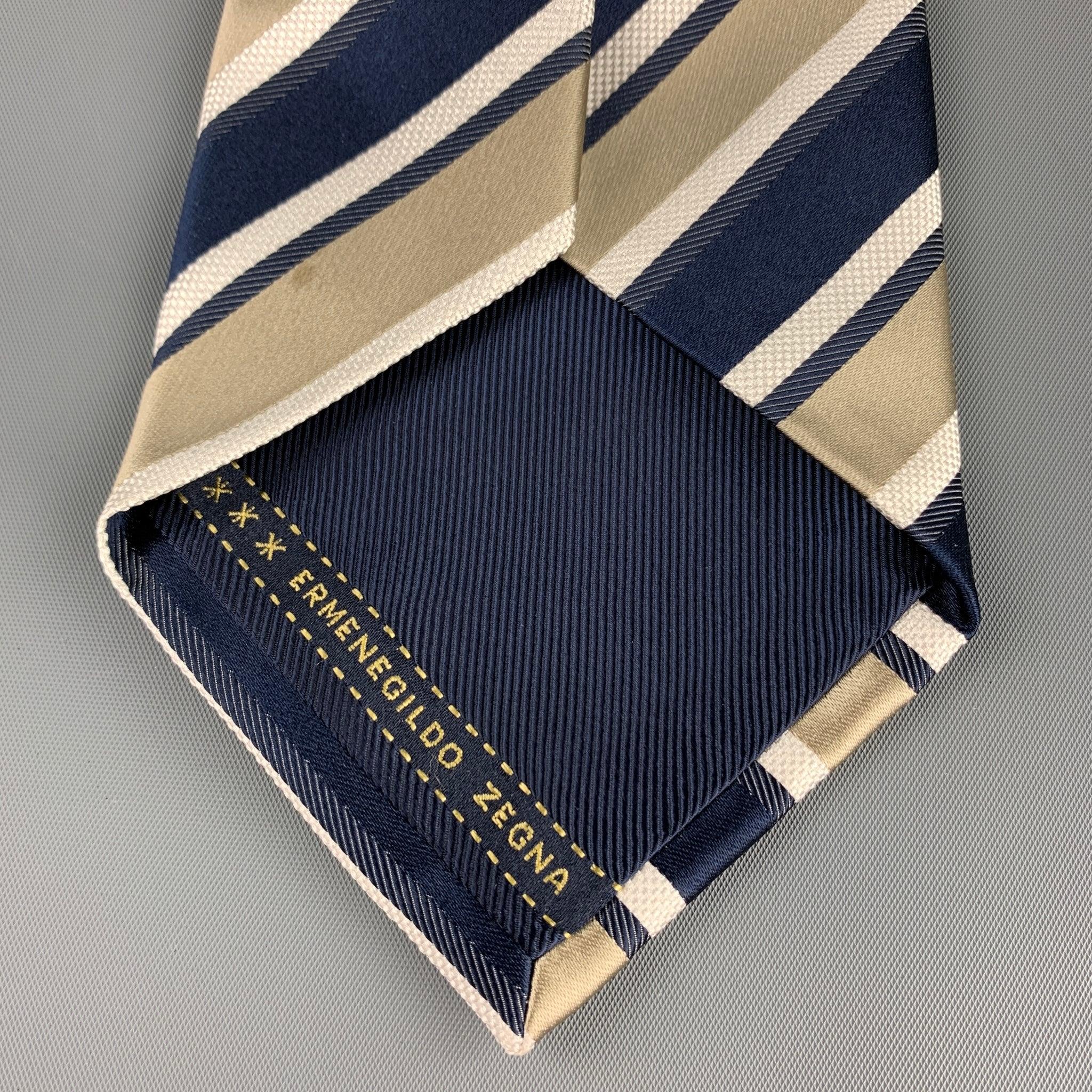 ERMENEGILDO ZEGNA Navy & Taupe Diagonal Stripe Silk Tie In Good Condition In San Francisco, CA