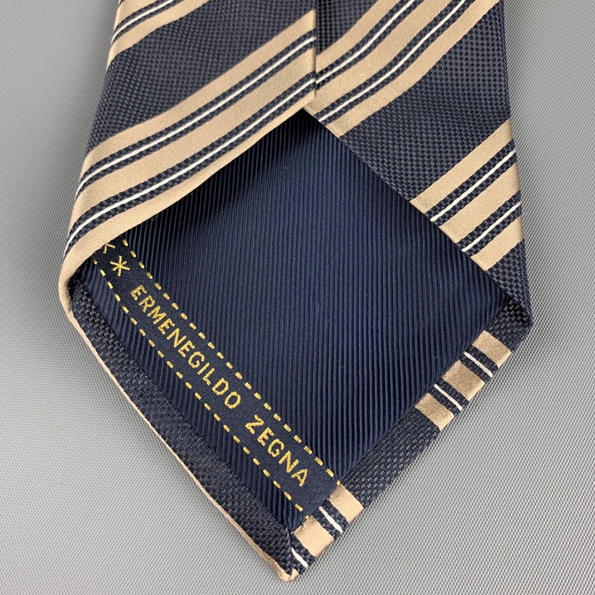 ERMENEGILDO ZEGNA Navy & Taupe Diagonal Stripe Silk Tie In Good Condition In San Francisco, CA