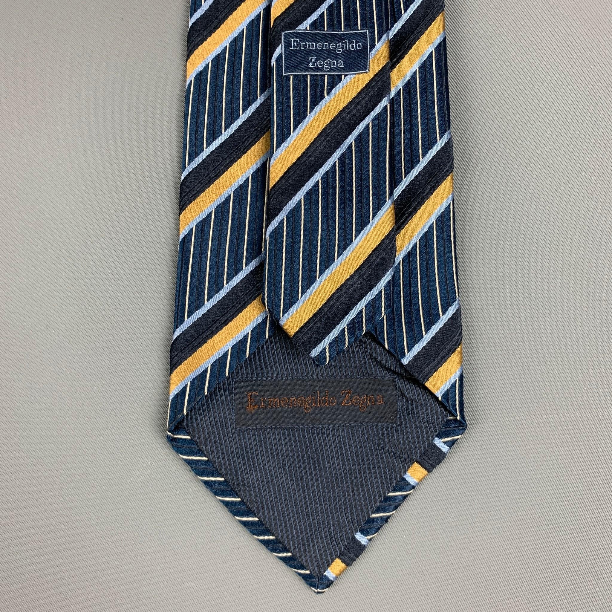 Men's ERMENEGILDO ZEGNA Navy Yellow Stripe Silk Tie For Sale