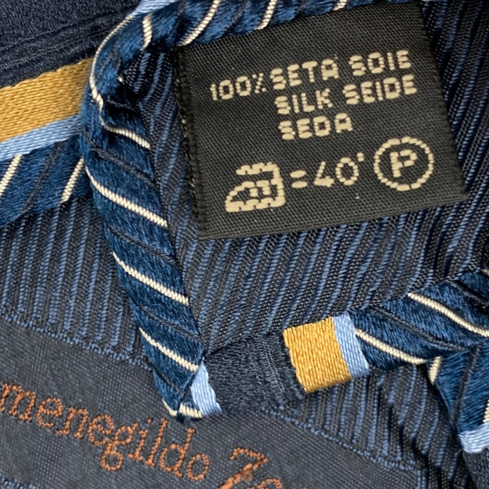 ERMENEGILDO ZEGNA Navy Yellow Stripe Silk Tie For Sale 1