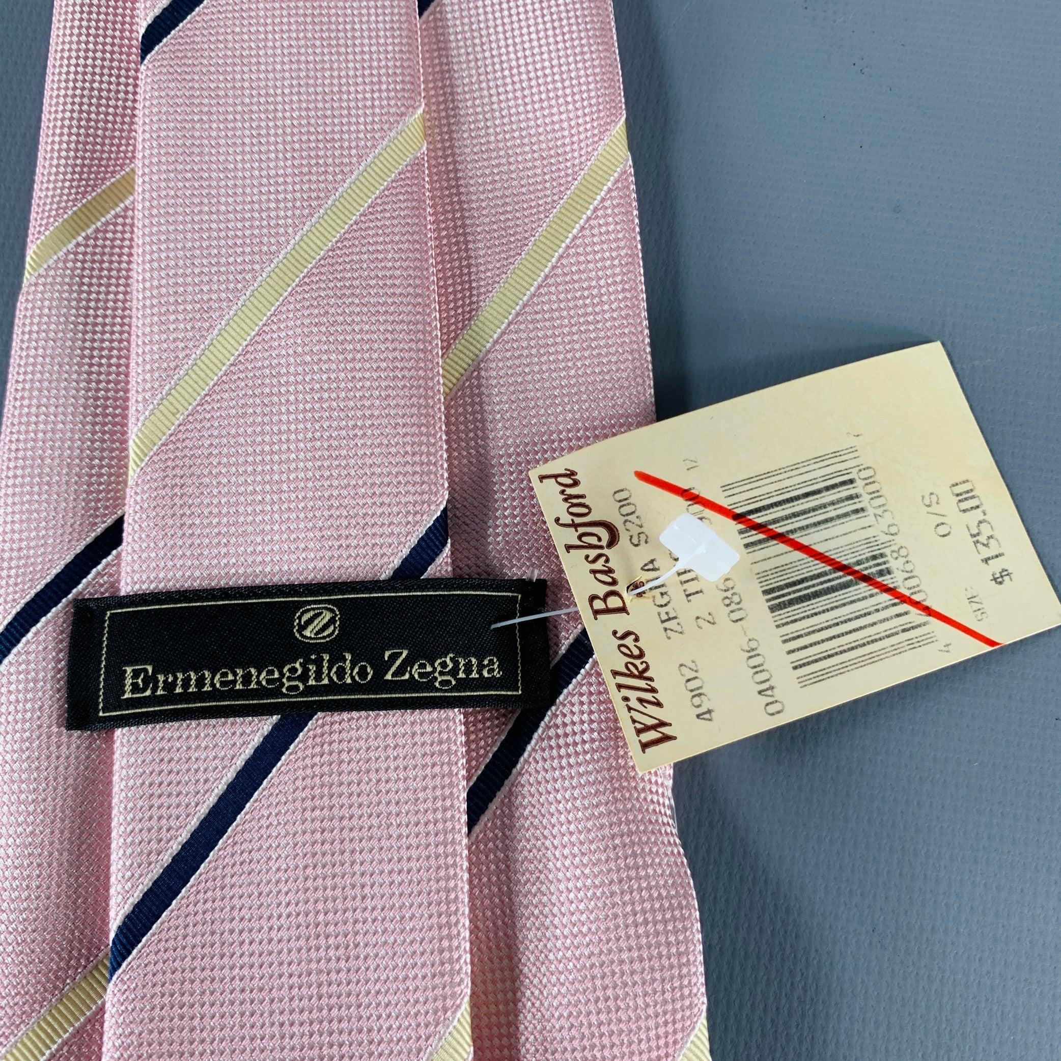 White ERMENEGILDO ZEGNA Pink Navy Cream Diagonal Stripe Silk Cotton Tie For Sale