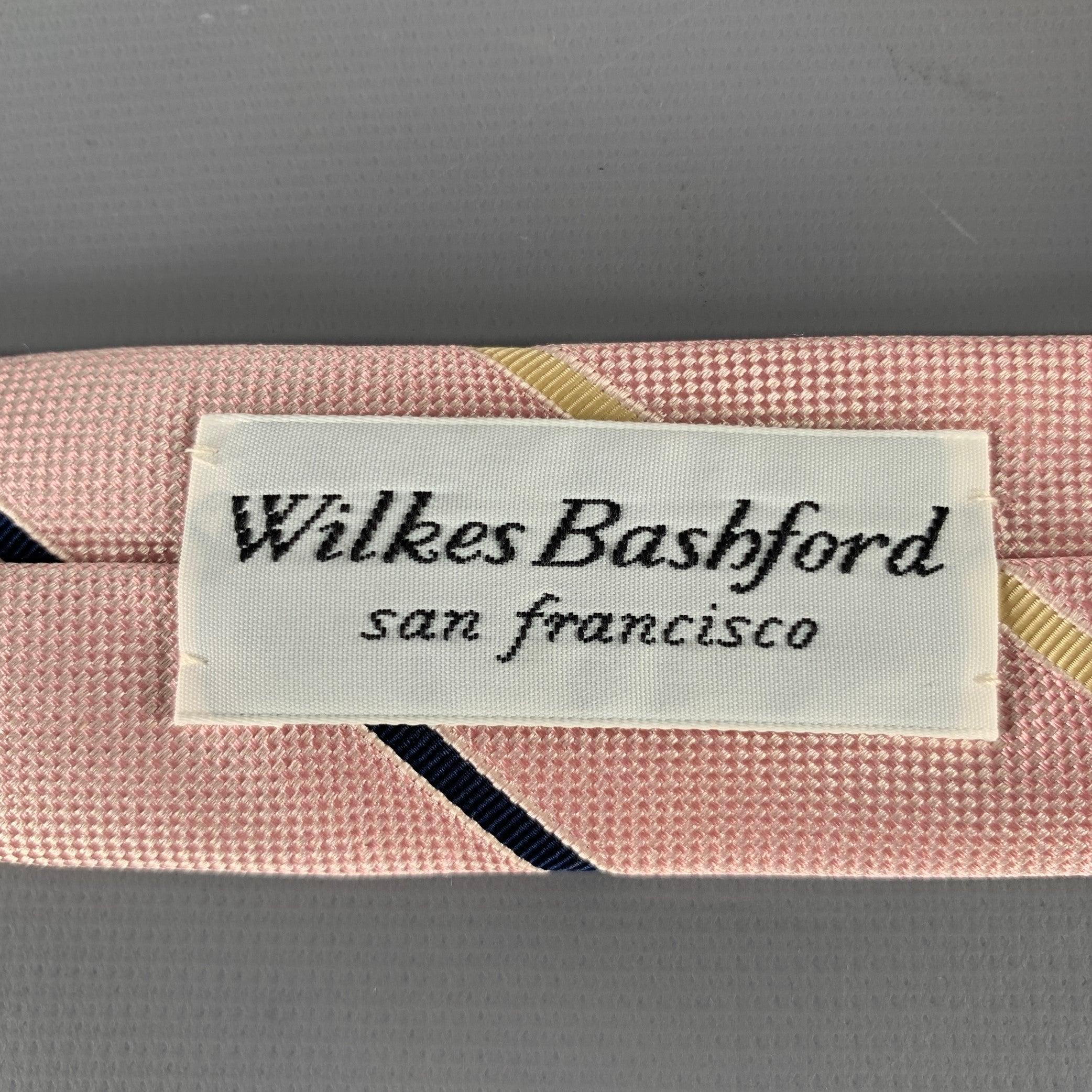 ERMENEGILDO ZEGNA Pink Navy Cream Diagonal Stripe Silk Cotton Tie In Excellent Condition For Sale In San Francisco, CA