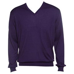 Ermenegildo Zegna Purple Cashseta Light Ribbed Trim V-Neck Sweater L