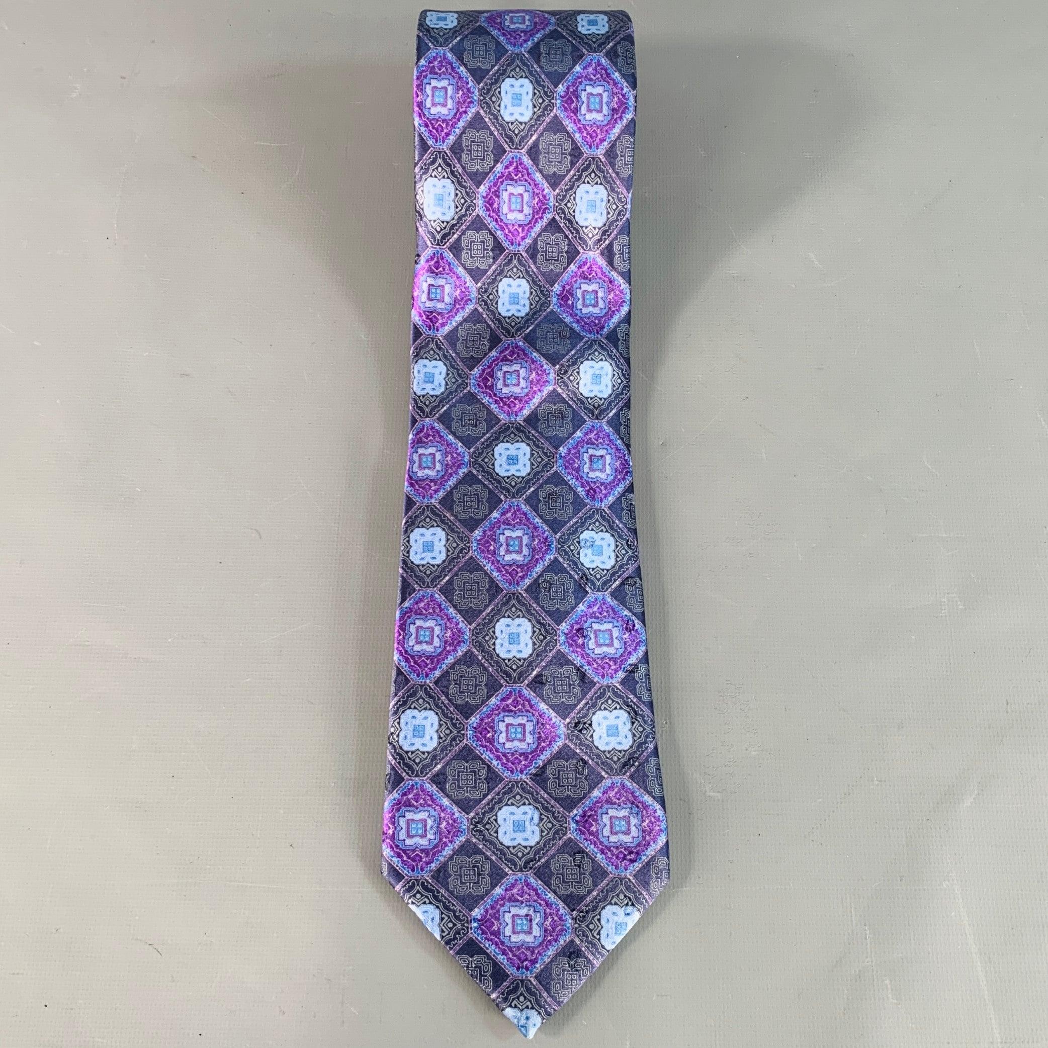 Violet ERMENEGILDO Zegna Cravate en soie violette marine à motif floral abstrait en vente
