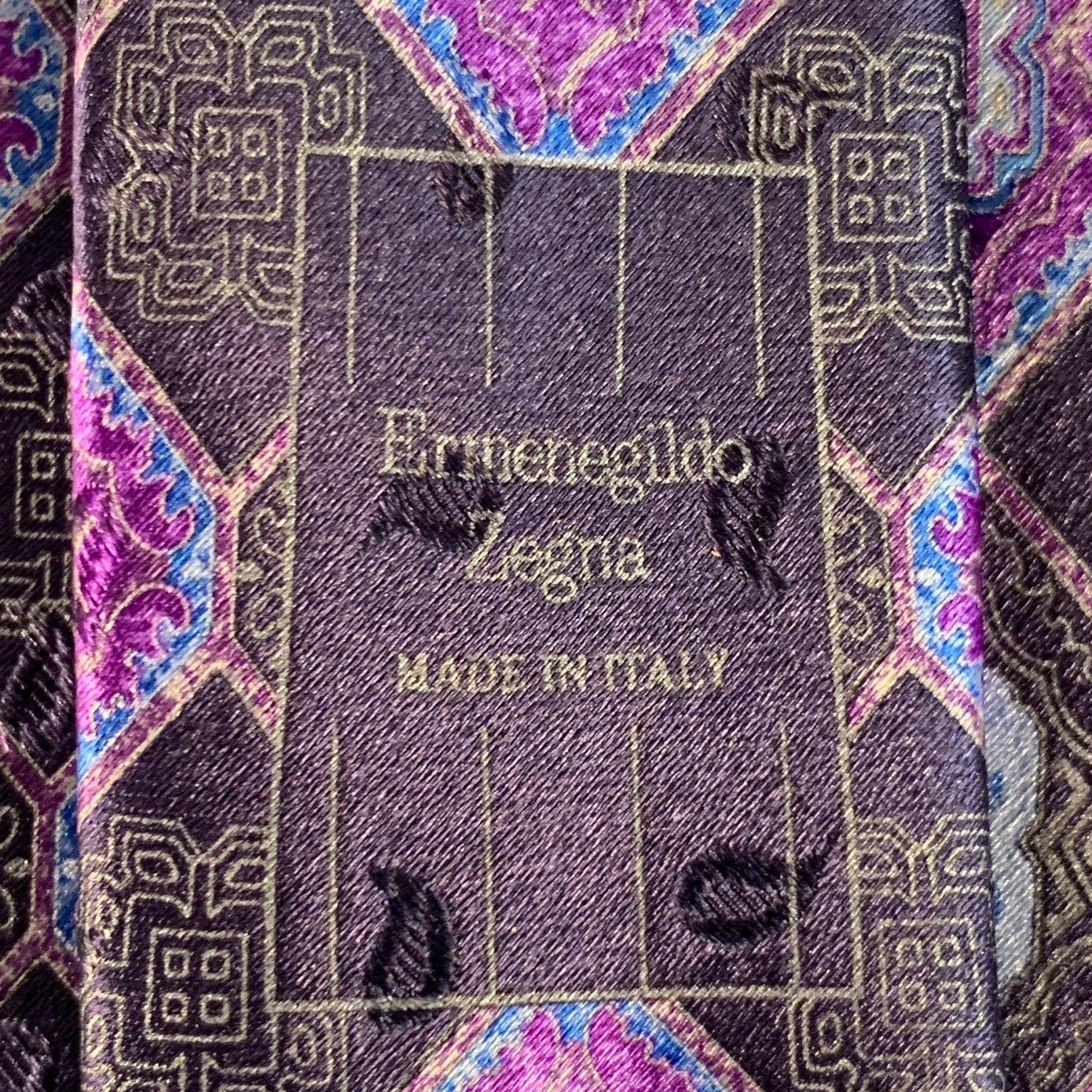ERMENEGILDO Zegna Cravate en soie violette marine à motif floral abstrait Pour hommes en vente