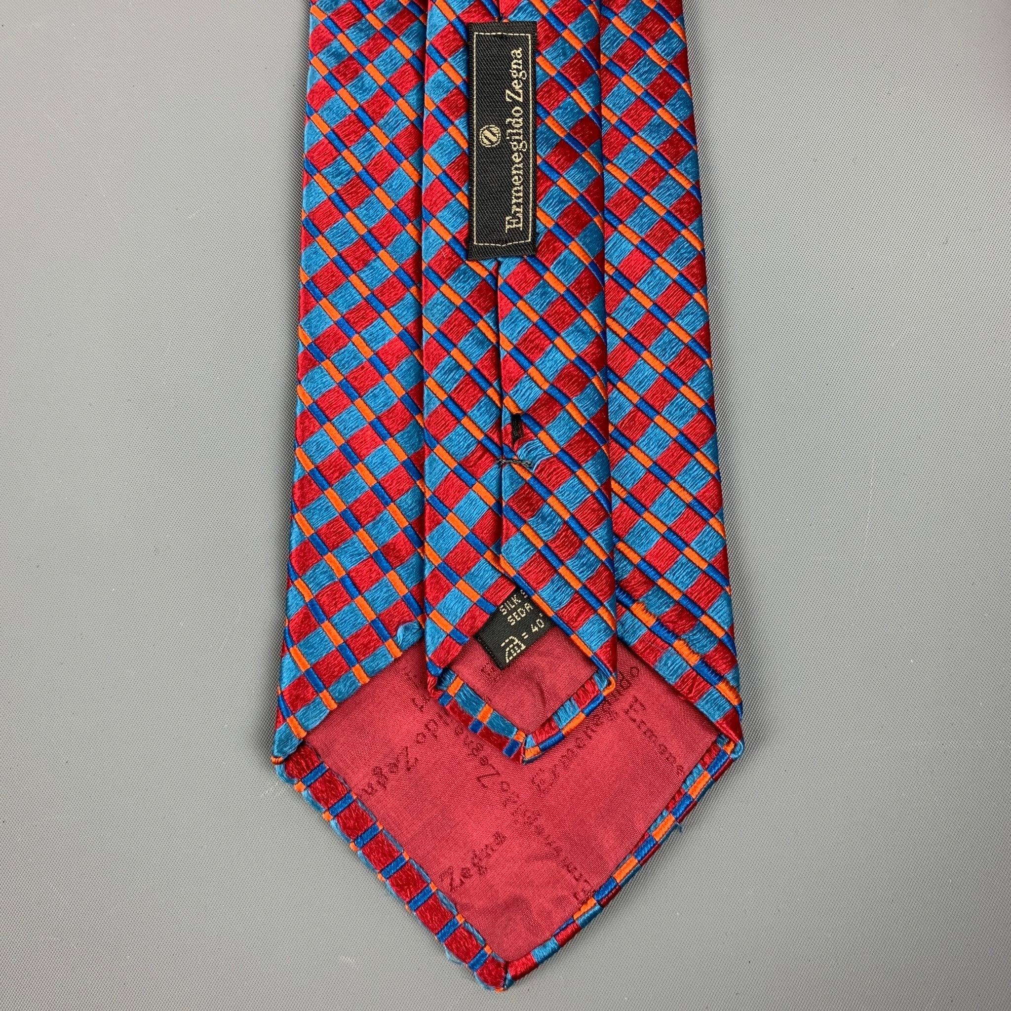 ERMENEGILDO ZEGNA Red Blue Rhombus Silk Satin Tie For Sale 1