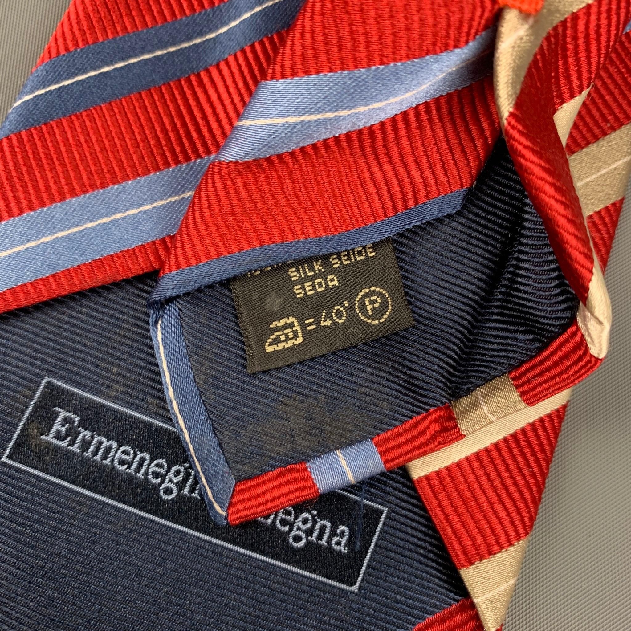 ERMENEGILDO ZEGNA Red Blue White Diagonal Stripe Silk Tie In Good Condition In San Francisco, CA