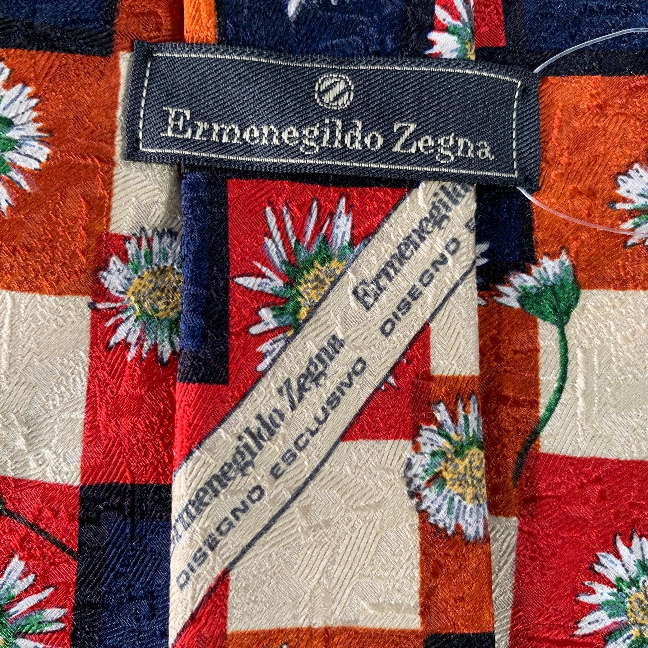 ERMENEGILDO ZEGNA Red Navy Cream Checkered Floral Silk Tie In Good Condition For Sale In San Francisco, CA