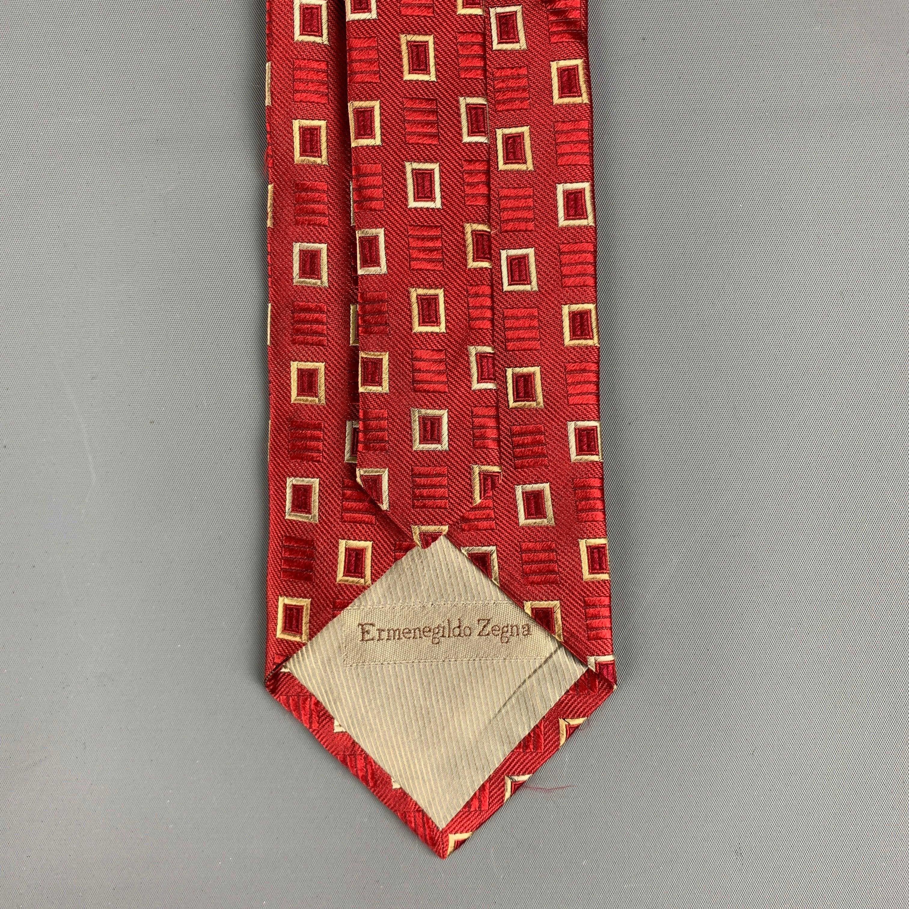 ERMENEGILDO ZEGNA Red White Squares Silk Tie In Good Condition For Sale In San Francisco, CA