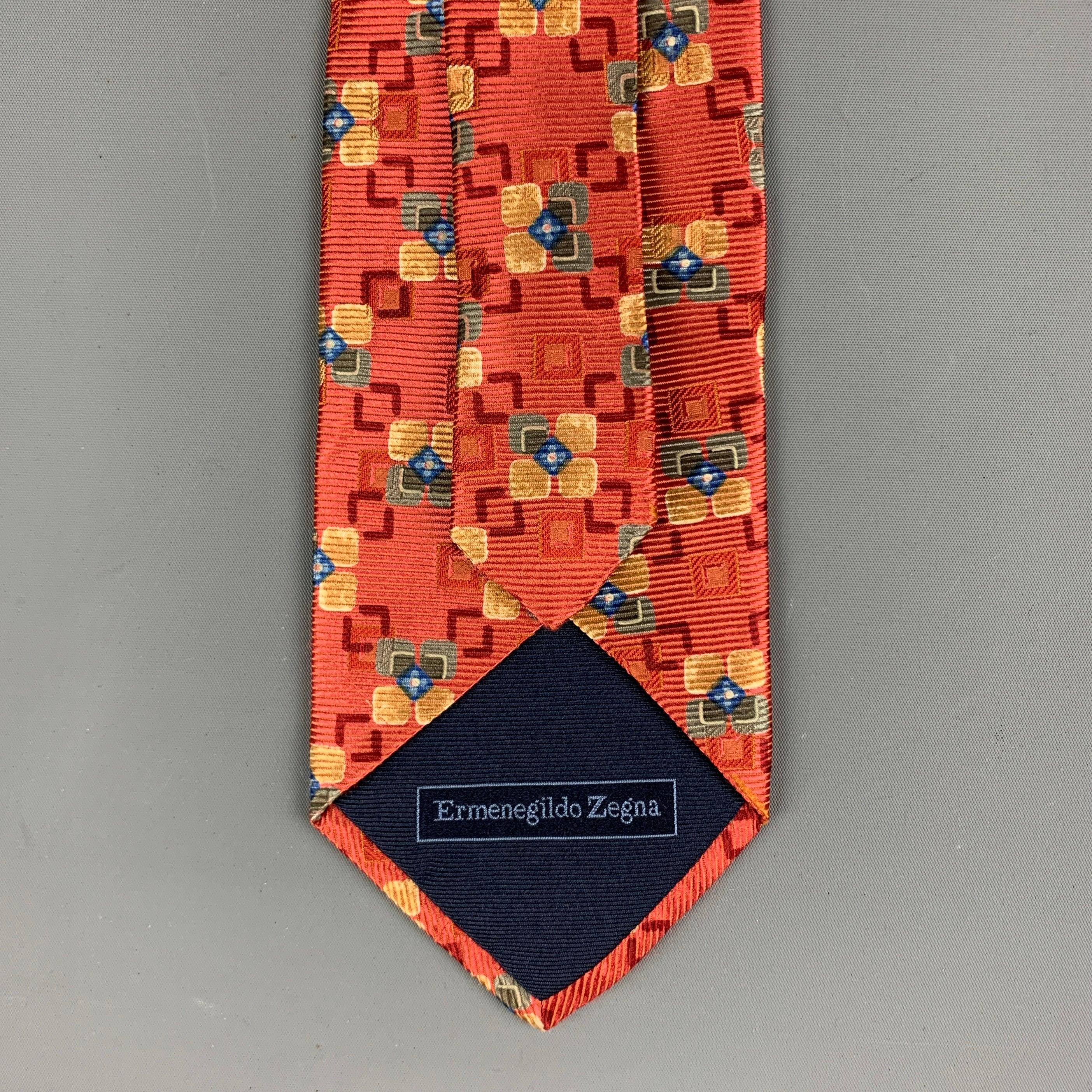 ERMENEGILDO ZEGNA Red Yellow/Blue Squares Silk Tie In Good Condition For Sale In San Francisco, CA