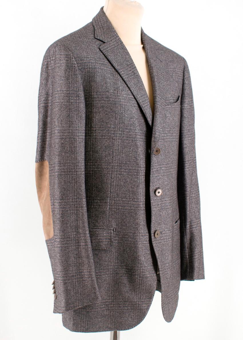 Ermenegildo Zegna Single Breasted Silk and Cashmere blend Fairway Jacket 

- Four Internal pockets 
- Chest Pocket 
- Two Flap Pockets 
- Contrast Elbow Patches 
- Plaid pattern 

- 51% Silk 
- 49% Cashmere 
Lining
- 45% Cupro
- 55% Viscose

Please